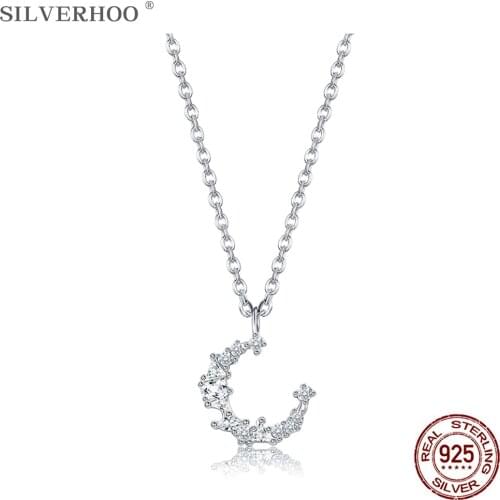 SILVERHOO 925 Sterling Silver Necklaces Unique Moon Design Pendant Chain Women Necklace Exquisite CZ Fine Jewelry New Arrival