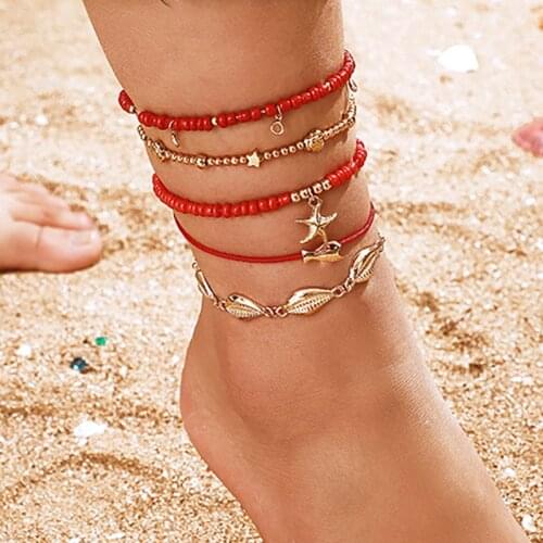 ZHINI Bohemia Punk Red Beads Leg Chain Ankle Braclet 2020 Summer Beach Body Foot Gold Anklets for WomenJewelry Gift Pulseras