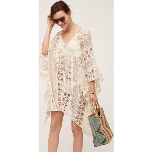 2021 Sexy Hollow Out Bats Sleeve Summer Dress Beach Cover Up Plus Size Women Beachwear White Lace Tunic Bikini Cover-ups Q889