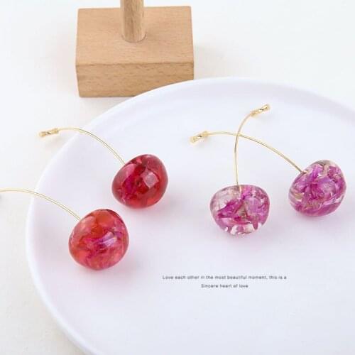 6pcs Shiny Side Resin Cherry Beads Drop Earrings for Women Simple Style Real Flower Dangle Earrings Diy Jewelry Accessories