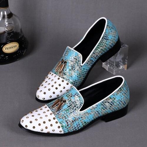 Christia Bella Handmade Plus Size Rivet Printing Blue Genuine Leather Mens Flats Shoes Fashion Party Prom Male Loafers Shoes