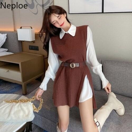 Neploe 2 Piece Set Sets for Women Fashion Temperament Korean Suit White Shirt Dress Knitted Sweater Vest Two Piece Set 4h428