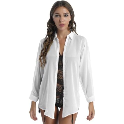 Summer Ladies See-through Chiffon T-shirt Long Sleeve Shirt Sleepwear Solid Color Black Swimsuit Bikini Cover Ups with Thongs