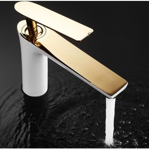 Copper Basin Faucets White & Gold Brass Sink Mixer Tap Hot & Cold Lavatory/Bathroom Crane Water Vessel Single Handle Deck Mount