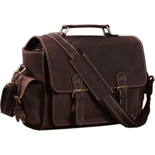 Vintage Crazy Horse Leather Camera Bag men Briefcase 100% Genuine Leather shoulder bag men crossbody bag Camera case
