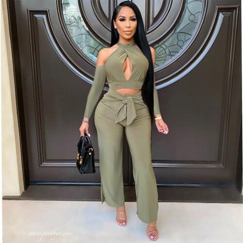 VAZN 2021 New Europe And America High-end Holiday Young Sexy Halter Full Sleeve Backless Long Wide Leg Pants Women 2 Piece Set