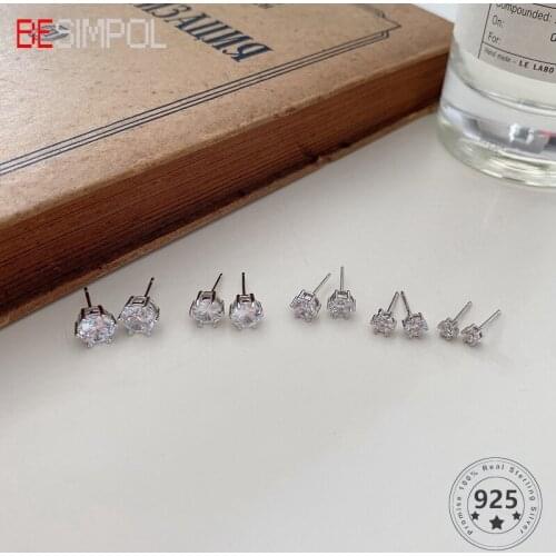 Besimpol Real 925 Sterling Silver Earrings 3mm 4mm 5mm 6mm 7mm Women Stylish Diamond Zircon Six Claws Ear Stud Earrings Jewelry