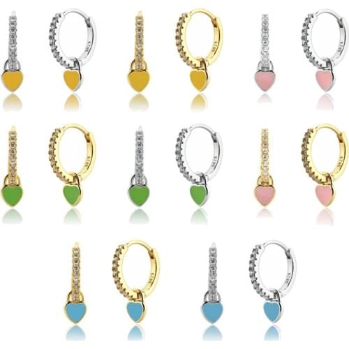 MC S925 Silver Hoop Earrings With 5 Clolor Dripping Oil Craft Heart Dangle 925 Sterling Plata 18k Gold Plated Ear Ring for Women