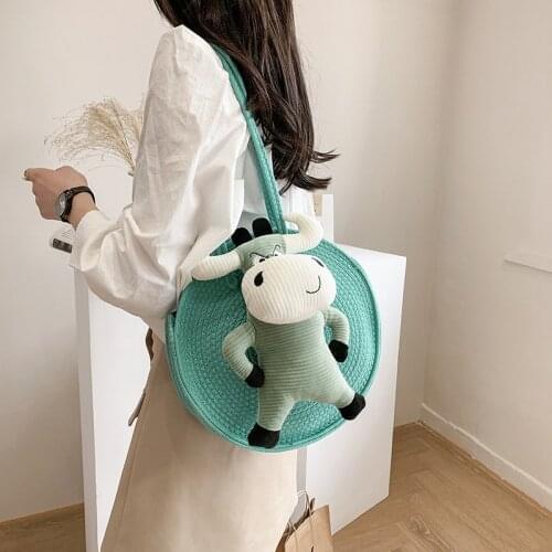 Fashion woven shoulder bag trendy ladies bag solid color round handbag 2021 summer new cartoon cow shopping bag 6 colors