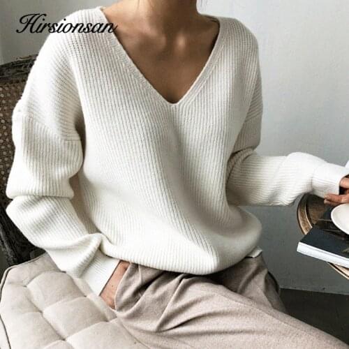 Hirsionsan Thicken Sweater Women 2020 Vintage Minimalist Autumn Winter Sweater Korean Casual Solid Knitted Pullovers V Neck Tops