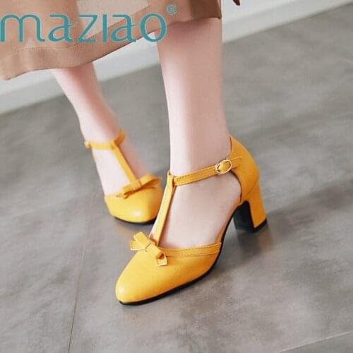 MAZIAO Work Shoes Office Career Square Heel Lady Shallow T-strap PU High Heels Shoes Fashion Elegant Women Pumps Big Size 34-46