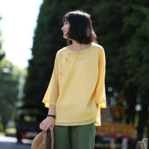 Women Round Neck Ramie Solid Shirt Blouse Tops Ladies Handmade Button Retro Female Vintage Autumn Three Quarter Sleeve Shirt