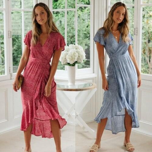 U-SWEAR Women Elegaht Floral Dress Summer Ladies Boho Beach Sundress Holiday Flare Sleeve V-neck Dress High Waist Dresses