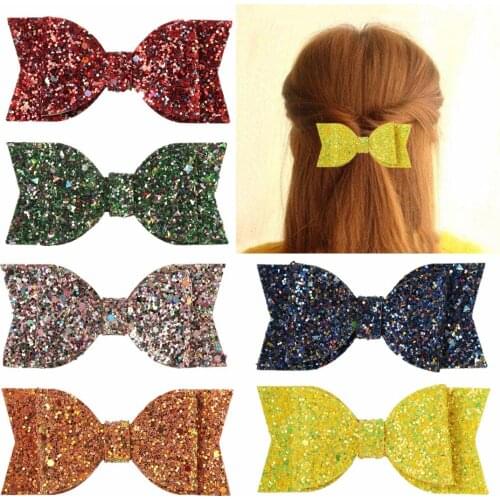 XIMA 1PC 3.5inch Leather Fabric Bow Hair Clip Fashion Sequin Hair Bow for Hair Accessories Hairpins