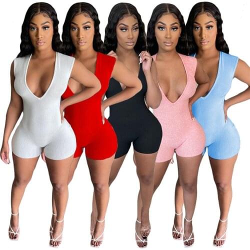 2021 Summer Dexy Deep V Neck Women Playsuits Solid Color Sleeveless Knitted One Piece Overalls Nightclub Party Jumpsuit S-XXL