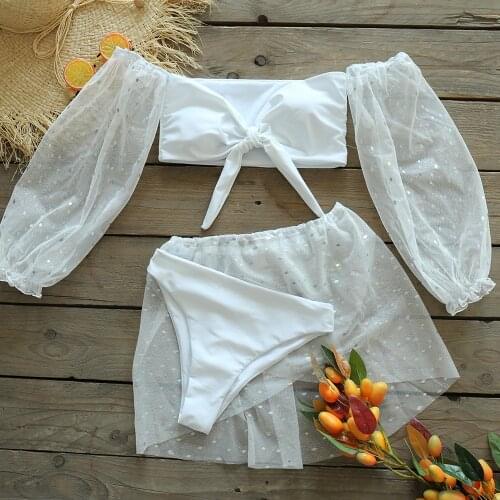 2021 Sexy Three Pieces Bikini Set Bandeau Swimwear Women Swimsuit Brazilian Biquini Sequins Bathing Suit Beachwear