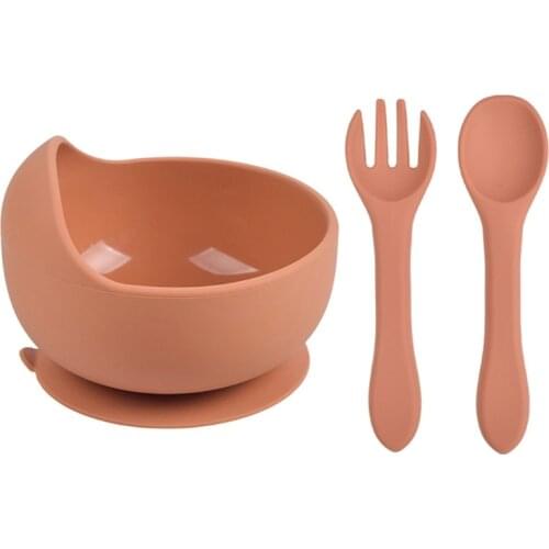 3 Pcs Baby Training Feeding Food Bowl Spoon Fork Set Anti Slip Silicone Suction Dishes Utensil BPA-Free Tableware