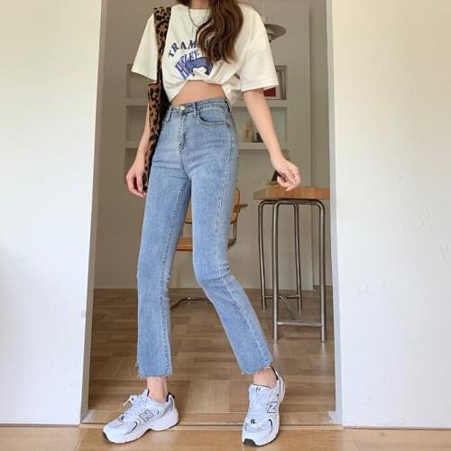 Abfer Plus Size Korean Style Light Blue Skinny Fit Stretchable Micro Flared Pants Women Hight Waist Clean Look Cropped Jeans Y2k