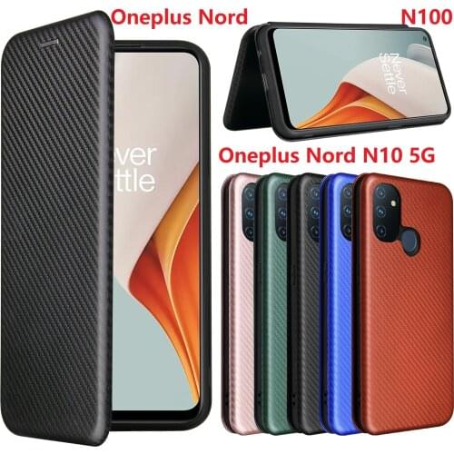 Carbon Fiber For Oneplus Nord N10 N100 Case Magnetic Book Stand Flip Card Wallet Leather Protective Cover