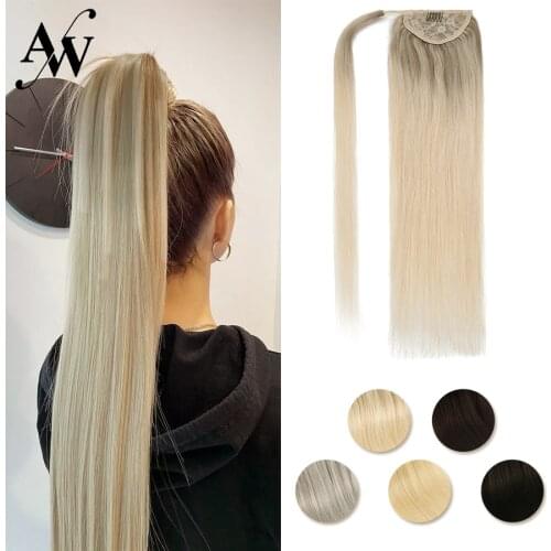 AW 12''-24'' Straight Brazilian Ponytail Human Hair Magic Warp Around Horsetail Machine Remy Natural Human Hair Clip In Ponytail
