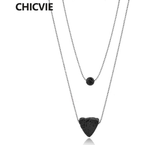 CHICVIE Designer Two Layers Silver Tone Simple Design Lava Stone Necklace Triangle Shaped Lava Stone Pendant Necklaces SNE180020