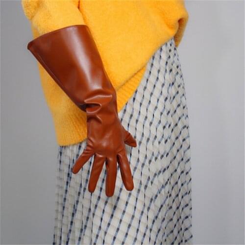 Long Gloves 38cm Large Sleeves Puff Sleeves Simulation Leather Imitation Leather Light Brown Unisex DXPU07