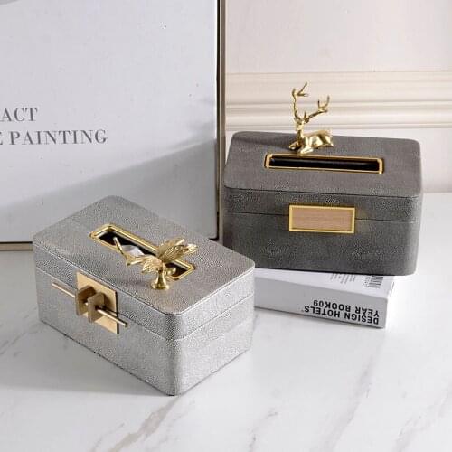 Home Model Room Soft Decor Ornaments Paper Box Desktop Leather Tissue Box Home Living Room With Brass Elk Dragonfly Figurines