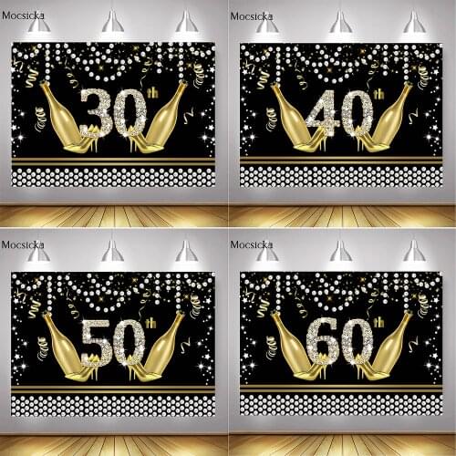 Adult Woman Birthday Party Backdrop Decor Happy 30th 40th 50th 60th Birthday Background Gold High Heels Champagne Diamond Pearl