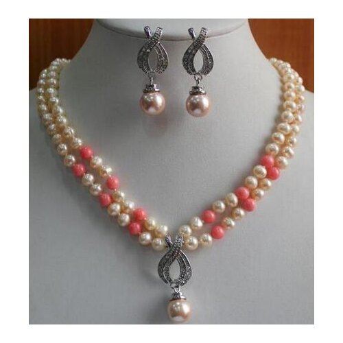 Hot Jewelry 7-8mm freshwater pearl pink Jade eye shell Pendant Necklace earring Set