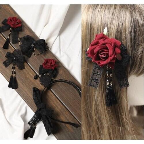 Gothic Black Red Lolita KC Hairpin Bowknot Rose Lace Headwear Vintage Palace Style Girls Hairwear B1552