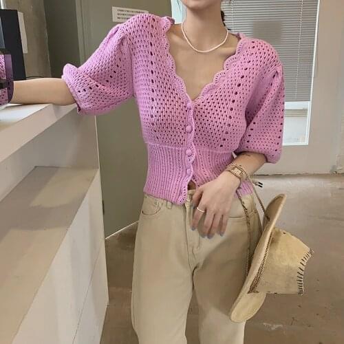 Korean Chic Puff Sleeve Cardigan Women Summer Hollow out Cropped Sweater Cardigans Knitted Sweater Coat YOU934