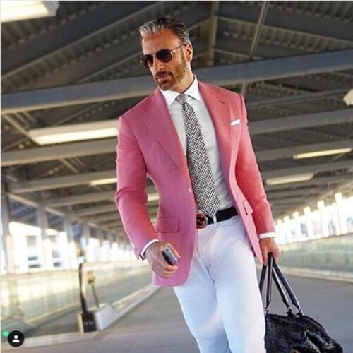 Costume Homme Casual Street Pink Suit Men Blazer Wedding Men Suit With White Pants Smart Terno Slim Fit Tuxedo Coat Prom Jacket