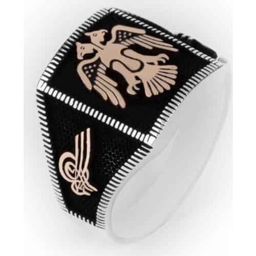 Men Handmade Silver Ring With Ottoman Tugra Animal Eagle Motif, Seljuk Empire Ring, Solid 925 Sterling Silver