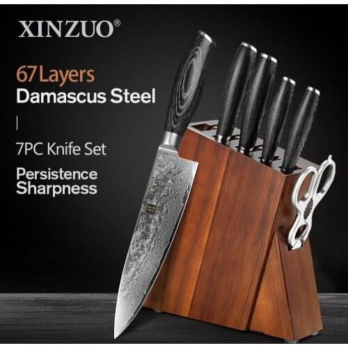 XINZUO 7PCS Kitchen Knives Set Damascus Steel Pakkawood Handle Multi-function Scissors Knife Holder Household Kitchen Knife Rack