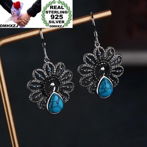 OMHXZJ Wholesale European Fashion Woman Girl Party Wedding Gift Peacock Turquoise S925 Sterling Silver Drop Earrings EA419