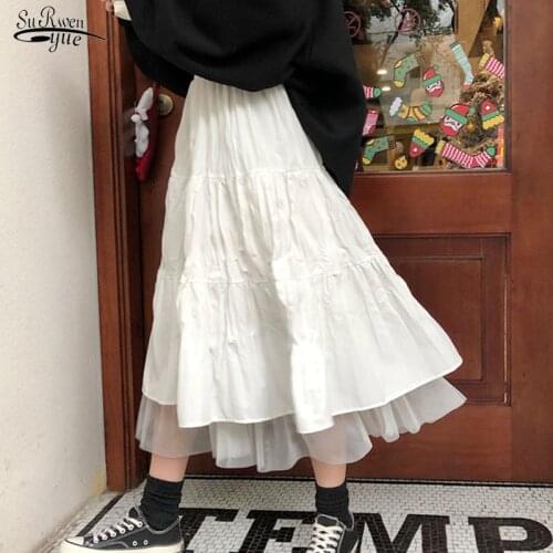 Autumn Elastic High Waist Mesh Tutu Pleated Skirts Female Long Tulle Midi Skirts Womens Black White Long Skirt Streetwear 17078