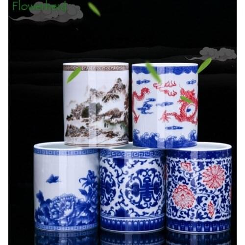 Blue and White Porcelain Chinese Ceramic Storage Pen Holder Teaware Four Treasures Office Supplies Pen Organizer