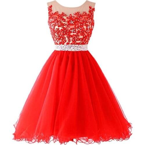 Modest Affordable red A-line mini tulle Prom Dress,Beautiful mini sweet cocktail party dress homecoming dresses beads sequins
