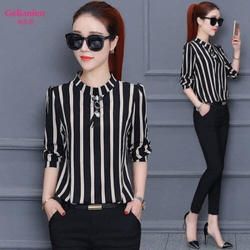 Women Blouse Spring Summer Stripes Shirt Three-Quarter Sleeve T-shirt Blusas Ropa De Mujer