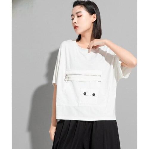 Lady summer new design sense splice zipper adornment pocket loose large casual round collar short sleeve T-shirt