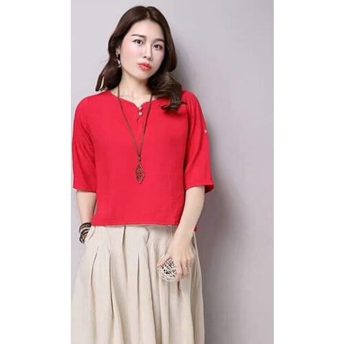 2020 Summer Plus Size S-6XL 7XL Vintage Half sleeve Women cotton linen shirt Loose Casual Ladies Blouses Tops Blusas white red