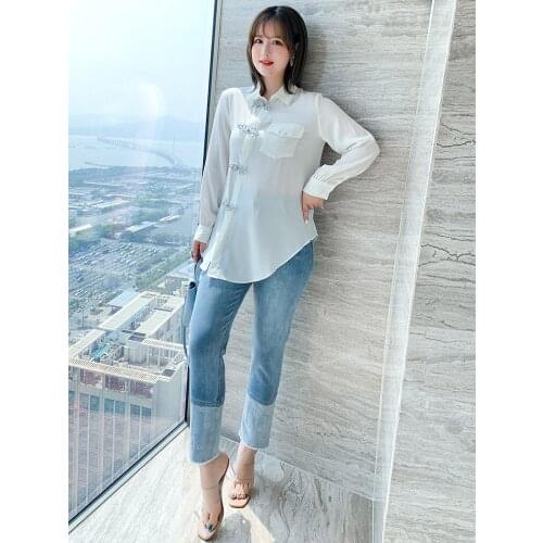 High quality Lapel shirt+Contrast leg straight jeans suit for women 2021 summer new