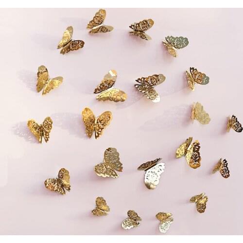 12/24pcs Hollow 3D Butterfly Wall Sticker Wedding Decoration living room window Home Gold silver Butterflies Fridge stickers