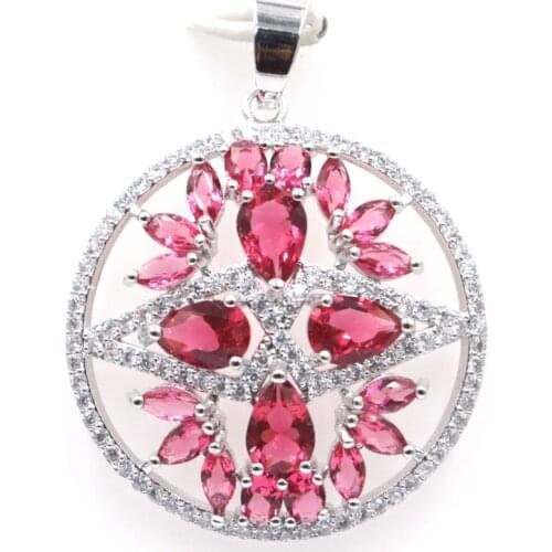 39x30mm Special Round Shape Created Pink Raspberry Rhodolite Garnet Zircon Ladies Jewelry Set Silver Pendant