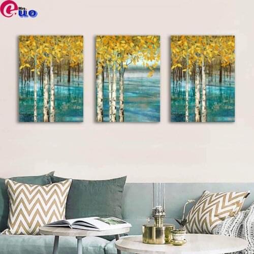 Abstract Yellow Forest Landscape Triptych 5D Diy Full Square Diamond Embroidery Mosaic Rhinestone Diamond Painting Home Decor