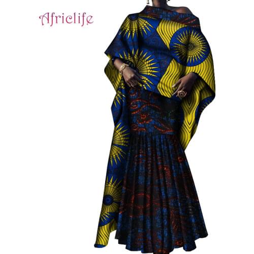 Long Top and Skirts Sets Women African Print Bazin Riche African Women Clothing Traditional 2 Pieces Skirts Sets WY4192