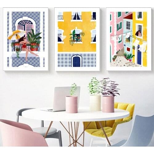 DIY 5D Diamond Painting Lisbon Girl Window Plant City Street Diamond Embroidery Yellow Travel Picture Wall Decor Room Decor