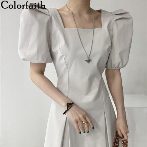 Colorfaith New 2021 Women Summer Mini Dresses Puff Sleeve Fashionable Chic Square Collar Elegant High Waist Vintage Dress DR2171