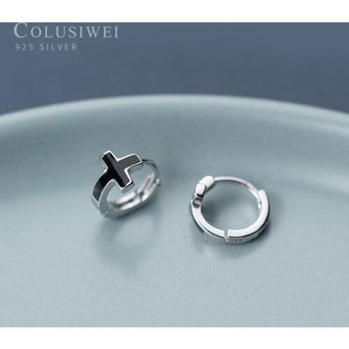 Colusiwei Unisex Black Enamel Cross Hoop Earrings For Women Men Fashion Jewelry 925 Sterling Silver Brincos Gifts Accessories