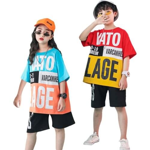 Kids Boys Hip Hop Tee Black Shorts Suit Girl Loose Street Dance Set Children Summer Short Sleeve Casual Clothes